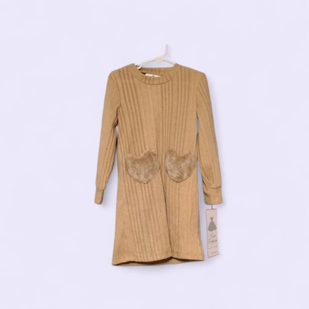Rare Editions Tan Long Sleeve Sweater Dress with Heart Pockets NWT Size 5 RV $58